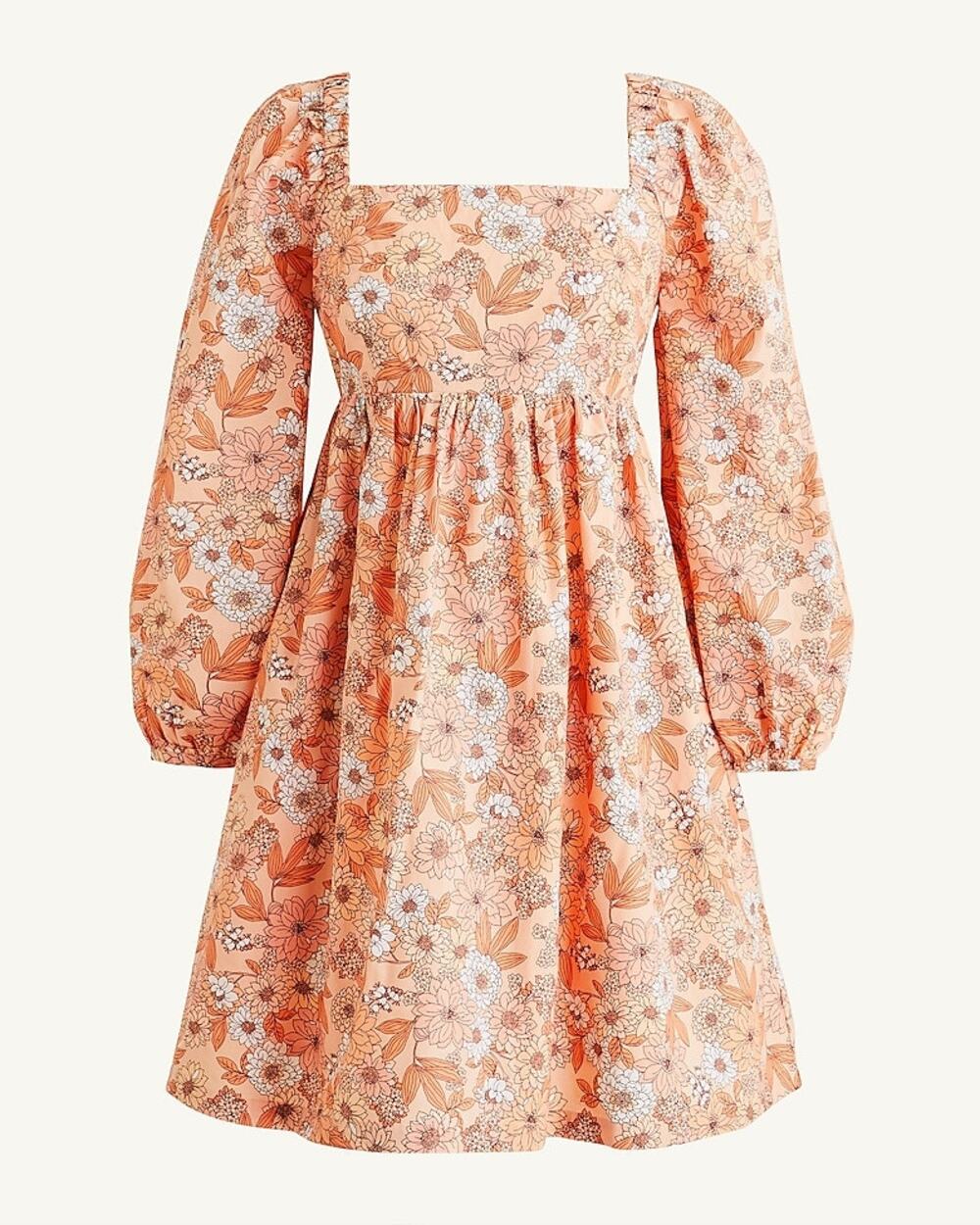 J.Crew Zinnia Floral Squareneck Poplin Mini Dress Peach Balloon 3/4 Sleeve Sz M